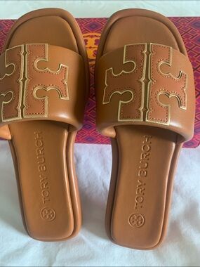 Tory Burch Tan Leather Logo Slide Sandals